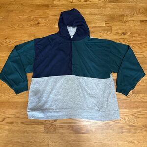 Vintage‎ Basic Editions Sweatshirt Adult Blue Gray Green Color Block Hoodie XL